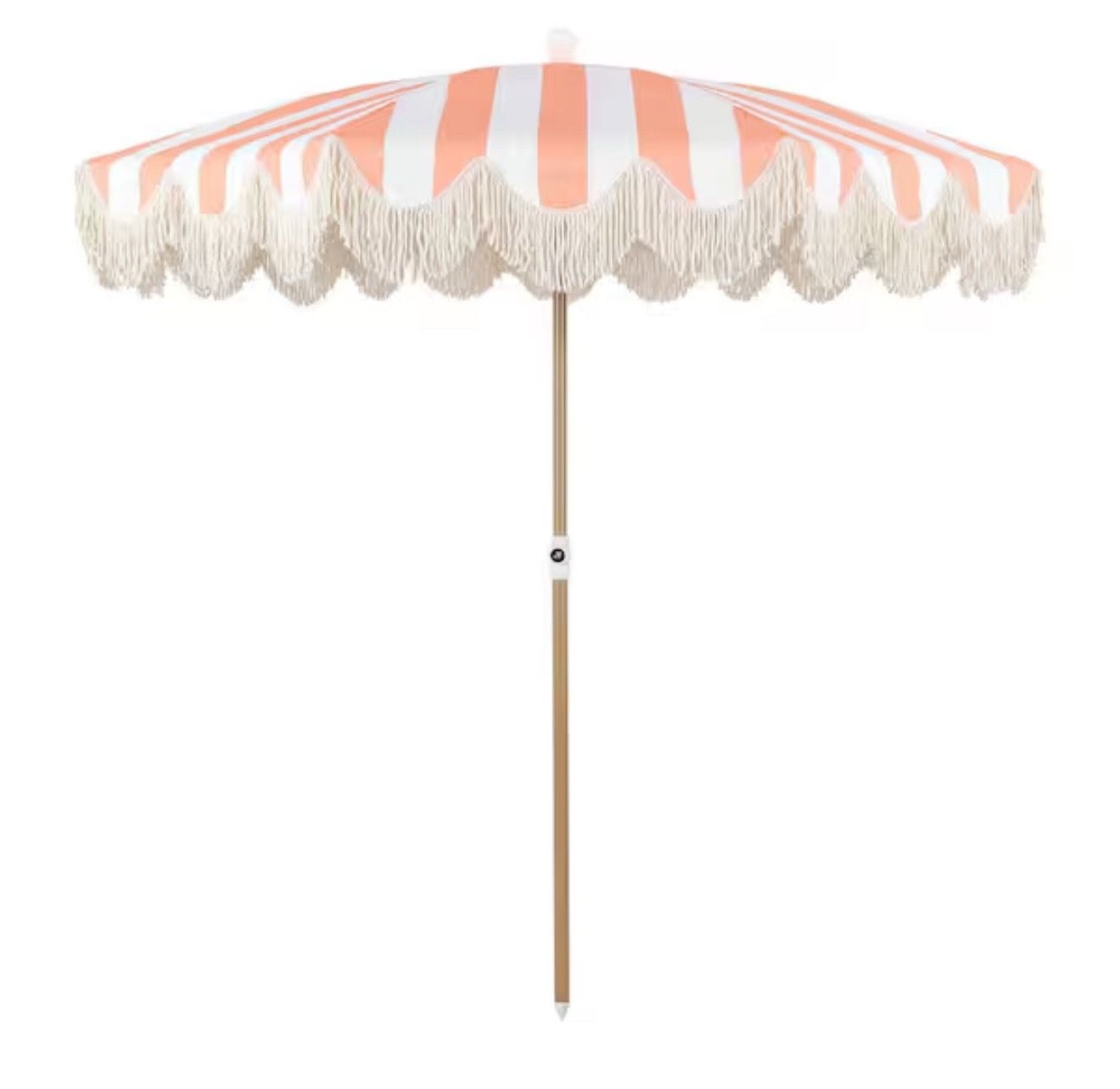 JONATHAN Y Mariner 6.5 ft. Classic Cottage Fringe Tassel Market Beach Umbrella in Coral Pink and White Stripe/Cream, Brown Pole