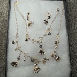 Elephant With Bling On It In Gold Matching Earrings And Bracelet Necklace With Earrings Set NEED GONE 