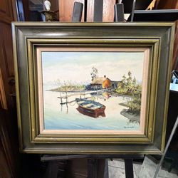 Mid Century oil on canvas, beautiful scenery awesome colors signed by the artist