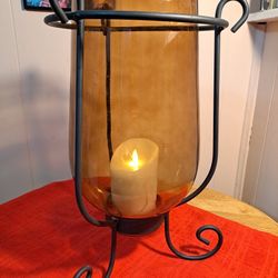 Rod Iron Amber Coated Glass Candelabra Candle Holder 17 1/2" 