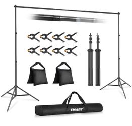 EMART Backdrop Stand 10x7ft(WxH) Photo Studio Adjustable Background Stand Support kit with 2 Crossbars, 8 Clamps, 2 Sandbags and Carry Bag for Parties