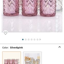 Pink & Silver Votive Candle Holders, 3.14" Glass Tealight Candle Holder,