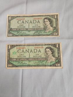 Lot of 2 Vintage Canada $1 Bills - 1954 Landscape & 1967 Centennial Numbered