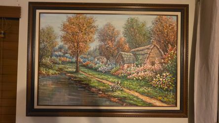 W. Hodges rare large authentic signed oil painting.(cottage by the stream)