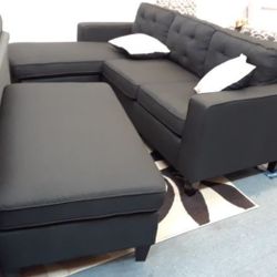 Brand New Black Linen Sectional Sofa Couch With Reversible Chaise And Ottoman