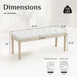 ES41 $60  43.9" Linen Fabric End of Bed Bench, Vintage French Upholstered Button Tufted Entry Bench, Window Seat with Carved Wood Legs for Bedroom, Li