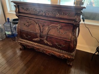 Vintage, carved - real wood - credenza and dining chairs