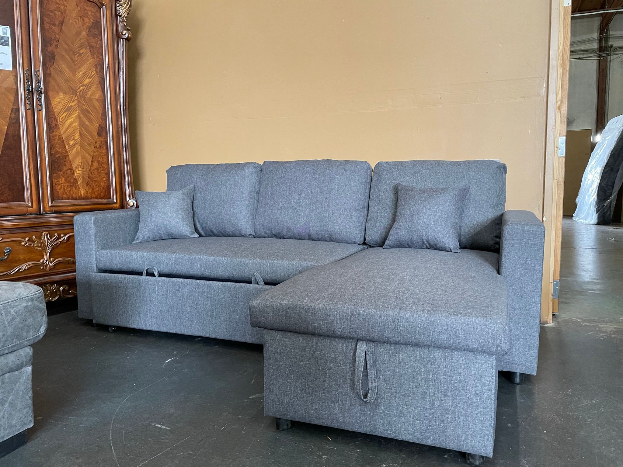 Gray Reversible Sofa Sleeper with Pull Out Bed Ottoman