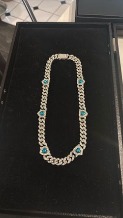 Iced Out Cuban Link Chain with Blue Heart Stones