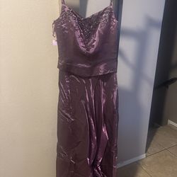 Purple satin maxi dress with beaded details and adjustable straps. Size: 8 #prom #eveningwear #formal New with