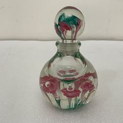 Vintage Joe Rice St. Clair ~ Pink Floral Blown Glass Perfume Bottle/Paperweight