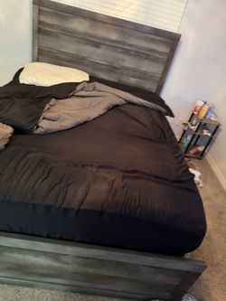Queen size bed frame with mattress and dresser