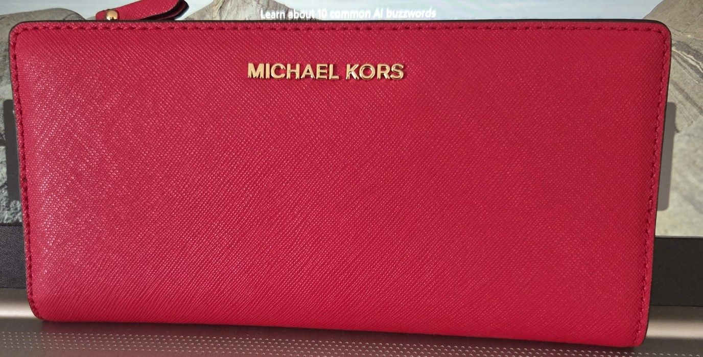 Michael Kors Ladies Red Genuine Saffiano Leather Wallet W/Card Case