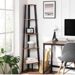 Bookcase, 5-Tier Corner Shelf, Plant Stand Wood Look Accent Furniture with Metal Frame for Home and Office ULLS35X, 12.8 x 13.4 x 6