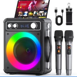 Karaoke Machine, Portable Bluetooth Karaoke Speaker with 2 Wireless Microphones, PA System for Adults Kids with LED Lights, Supports FM/AUX/USB/TF for