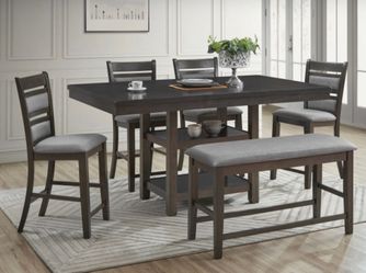 COUNTER HEIGHT DINING TABLE WITH CHAIRS AND BENCH