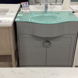 36” Glass Top Bathroom Vanity Solid Wood Fully Assembled Soft Closing Doors