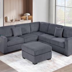 4-Piece Sectional Set W/ Ottoman RAF/LAF One-Arm Loveseat W/USB + Corner Wedge + Cocktail Ottoman
