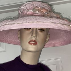 HAT - $150 BELLINI ORIGINAL WIDE BRIM EASTER CHURCH HAT – PINK WITH SILVER NETTING, RHINESTONES AND FLORAL FLOWERS – BEAUTIFUL FOR EASTER SUNDAY AND C