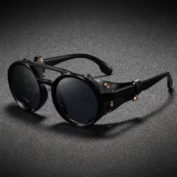 ⚙️New! Black Retro Polarized Steampunk Unisex Shield Sunglasses w UV400 Protection & Lens Cloth