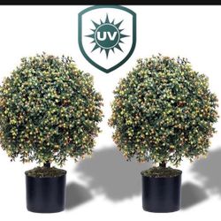 Set of 2-Pre-Potted Artificial Boxwood, 24'' Anti-UV Engineering Grade Material, Decorative Topiary Ball for Indoor Outdoor (Green with Orange Fruits)