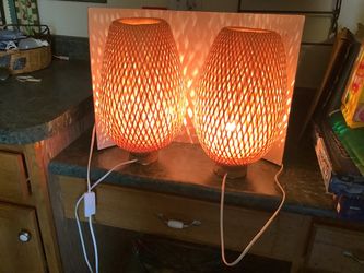 Ikea BÖJA Braided Bamboo Table Lamps Handmade on off switch on cord stand about 14” tall and widest part of lamp is 6.5” Selling as a set. Tan in co