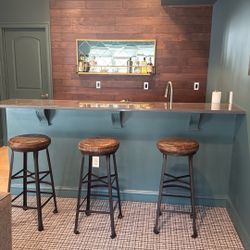 Pottery Barn Leather Barstools - Set Of 3 - Industrial 