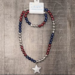 New Red, Blue, & Silver Beaded Necklace & Bracelet Set