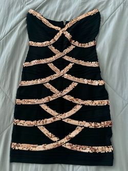 2B Bebe Black and Gold Strapless Bodycon Dress