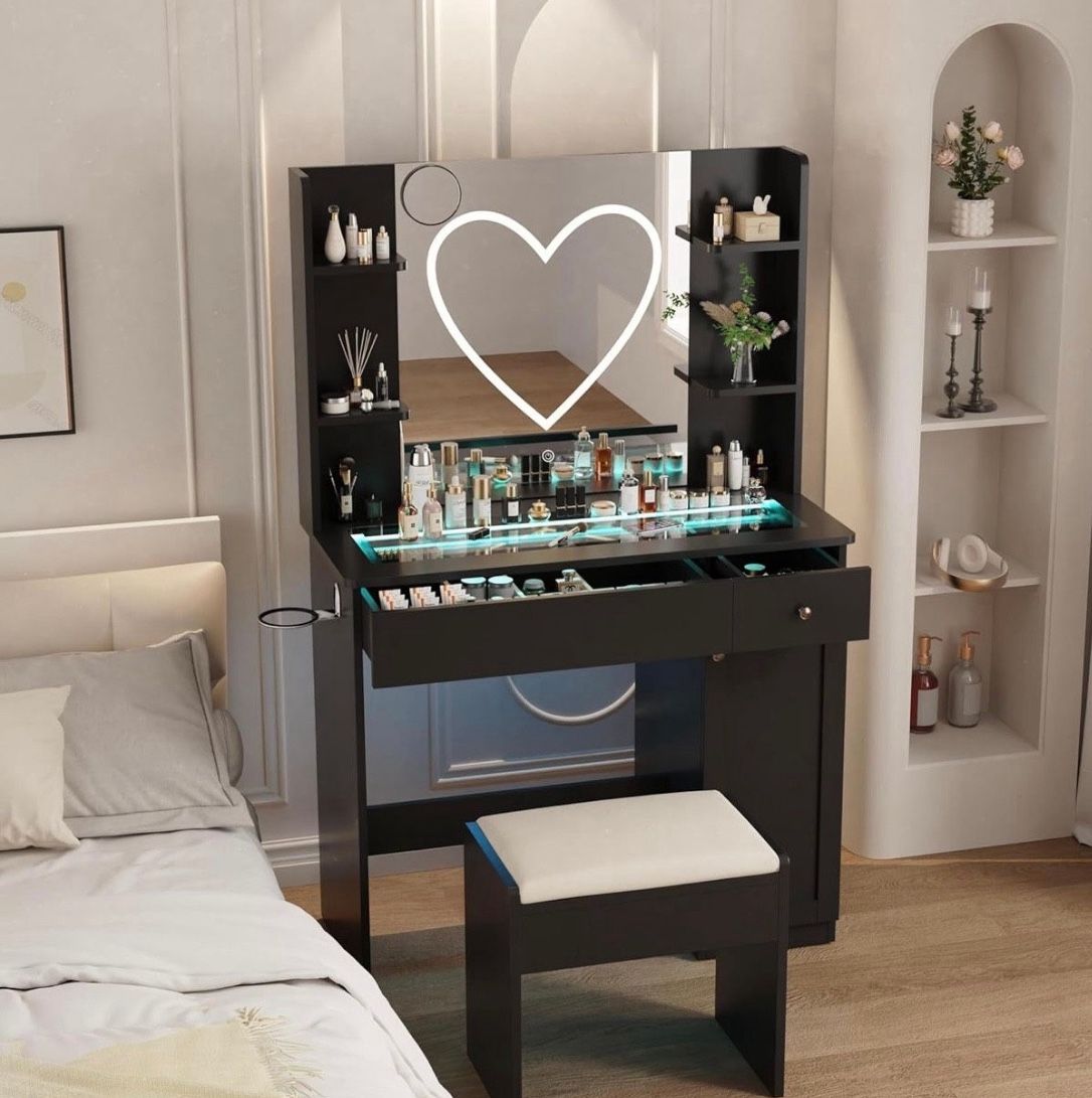 Vanity Black Desk with Mirror and Lights Heart Strip, RGB Led, Glass Top Bedroom Dresser with Rechargeable Outlet (Fcc) with Stool