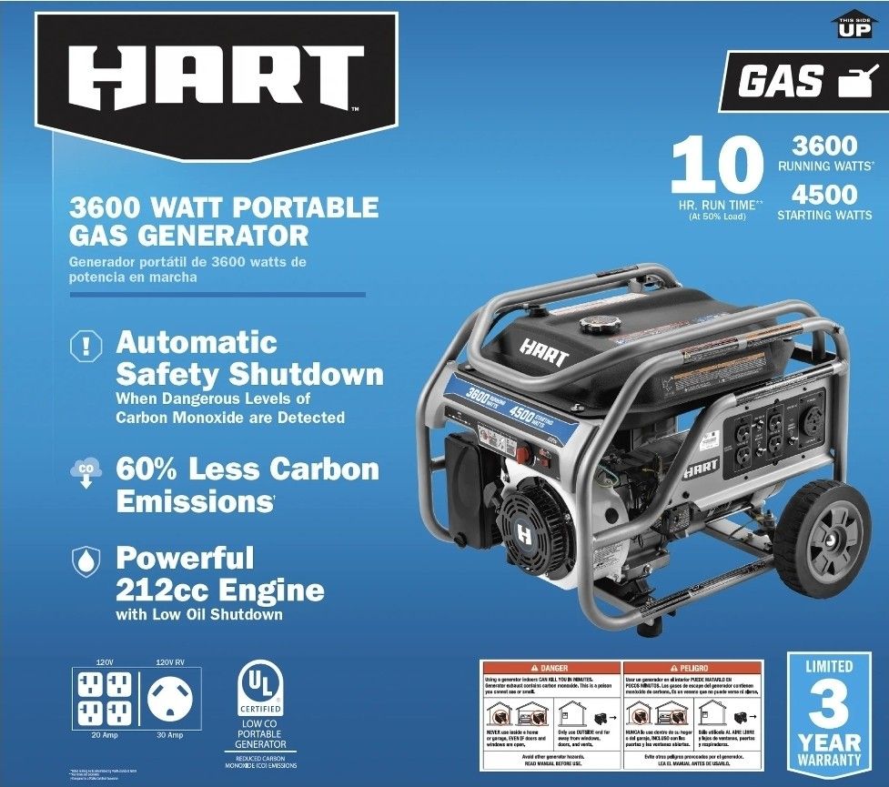Hart 3600W UL Generator with CO Protection & Auto Shutdown. 