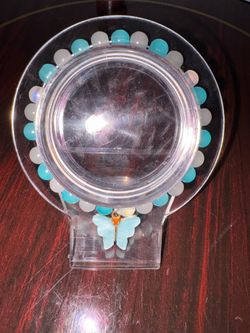 Blue&Grey Beaded Stretch Bracelet w/ Blue Butterfly Charm