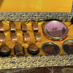 Chinese Cloissone Enamel Table Set in the Original Decorative Box