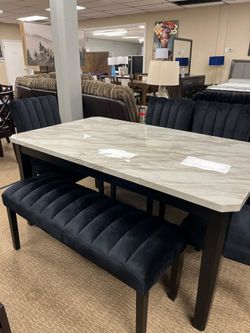 Sophisticated Style 6 pc dining set w/Marble look top & Corduroy upholstered chairs