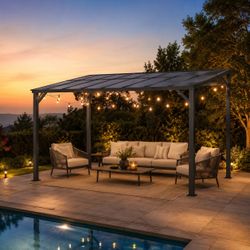 Lue Bona 14' X 10' Hardtop Gazebo, Lean to Pergola Gazebos with Metal Frame, Patio Pavilion with Roof, Outdoor Wall Mount Gazebo for Deck, Backyard, G