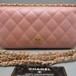 Authentic Chanel Metallic Peach Pink Caviar Leather CC Long Bag Wallet