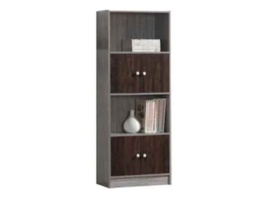 Grey and Brown Wooden 4-Tier Bookcase Storage Cabinet with 2 Shelves, 4 Doors