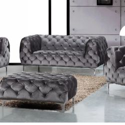 Velvet Tufted- Loving Room Set- Grey - New