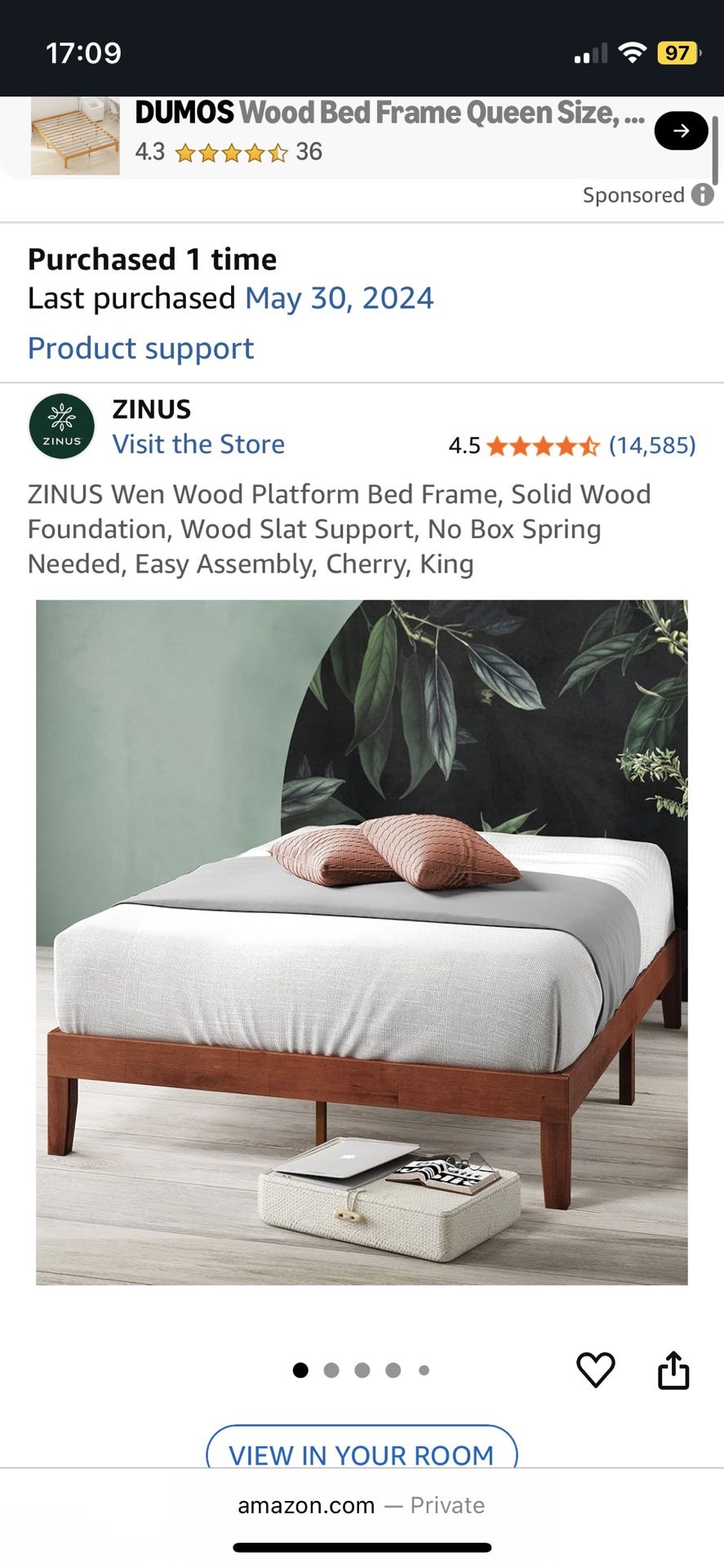 King Sized Cherry Bed Frame (Zinus)