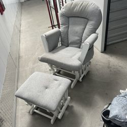 Child Craft Cozy Glider Rocker and Ottoman Set, Padded Cushion with Convenient Storage Pockets, Solid Wood Base & Frame (Matte White with Gray Cushion