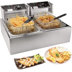 Commercial Deep Fryer with Basket, 3400W 12.7QT/12L, Detachable Large Capacity Stainless Steel Countertop Electric Oil Fryer with Temperature Control