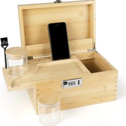 Decorative Organizer Set w/Combination Lock, Bamboo Tray & 2 Glass Jars, Mortise-Tenon Crafted Home Office Desk Storage Box