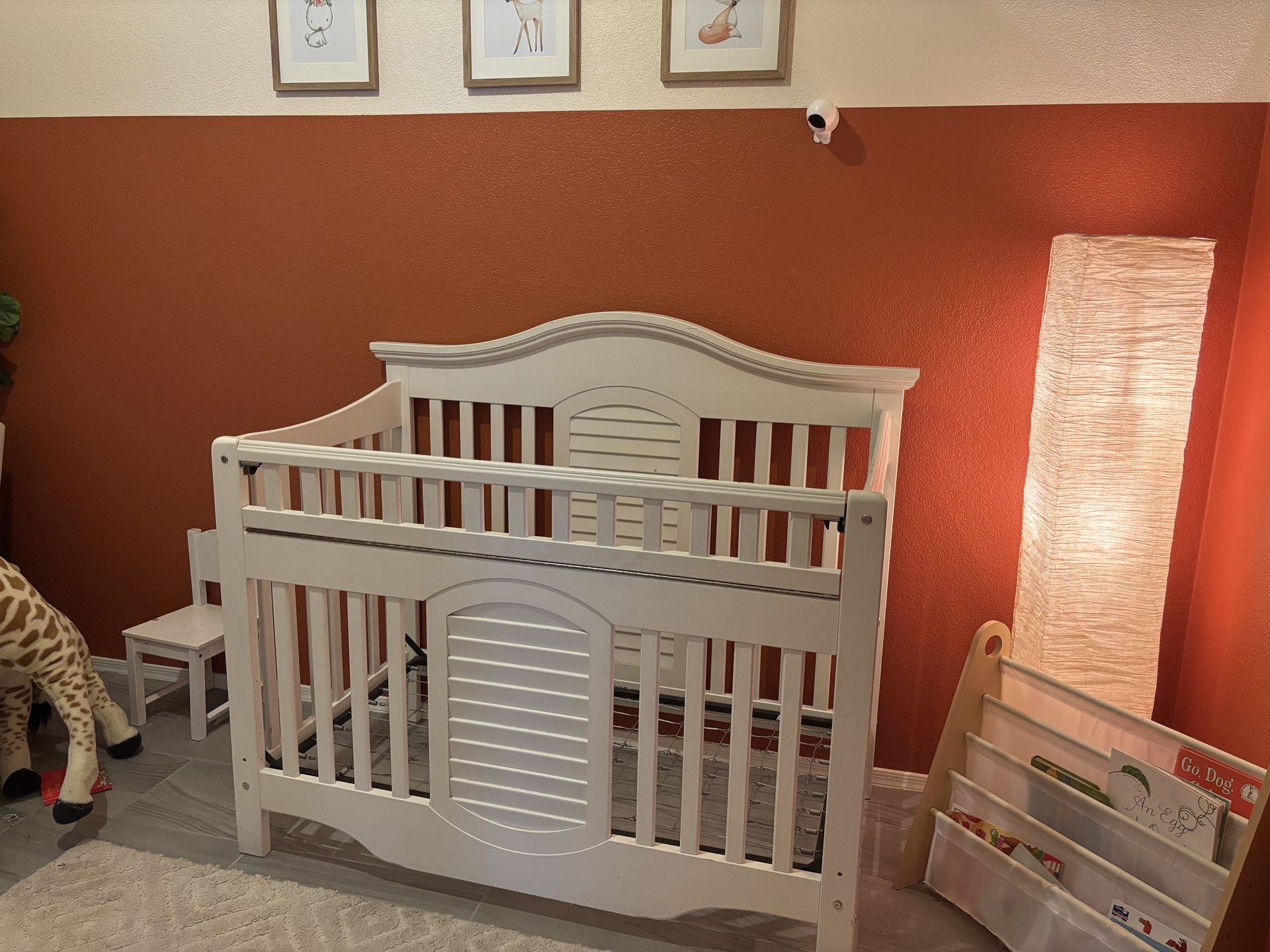 White Wood Baby Crib With Mattress