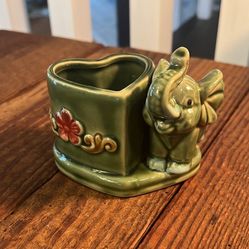 Vintage Majolica-style green ceramic elephant and heart-shaped planter or vase