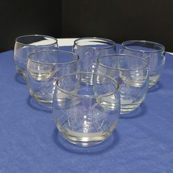 Set of 6 Vintage Etched Sailboat Roly Poly 3" Clear Cut Glasses Barware 