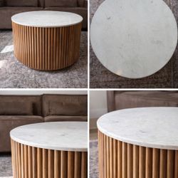 Round Marble Coffee Table - Solid Top - Modern Wood Base