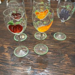 Group Of 5 Handpainted Wine glasses