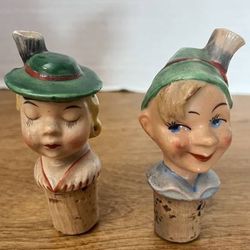 Vtg Pair Character German Hand Pair Ceramic Porcelain Bottle Stoppers