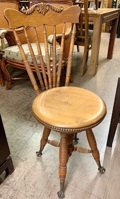 #108911 Antique High Back Adjustable Height Piano Stool with Glass Ball and Claw Feet by H.D. Bentley 14“ L x 20“ D x 35“ H 