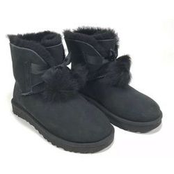 Size 8 Ugg Black Gita Pom Pom Bow Ankle Fur Boots 